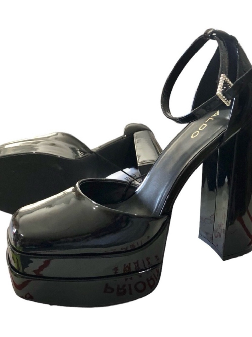 Aldo Black Patent Platform Mary Jane with Rhinestone Buckle